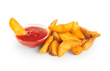 Fried potatoes and ketchup.