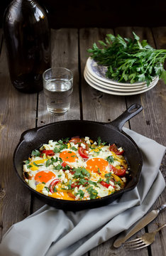 Eggs poached with vegetables,named "shakshouka" . 