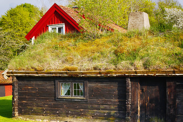 old rural cottages and farm with thatched roofs
