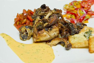 Fish and glazed mushrooms