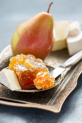 Delicious breakfast - brie, honey and pear.