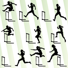 Athlete woman hurdling in track and field vector background set