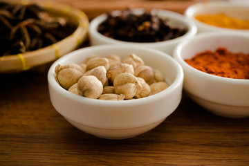 Wooden table of colorful spices