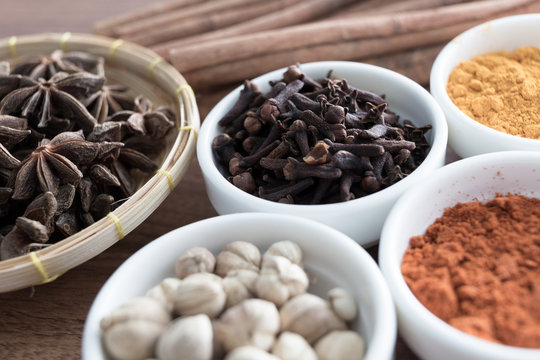 Wooden table of colorful spices