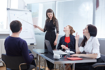 a group of businessmen in a meeting looking at the board