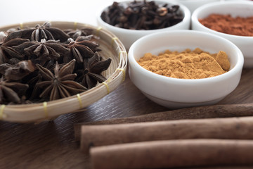 Wooden table of colorful spices