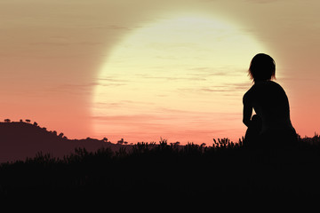 Young Adult Women Sitting on a Hilltop in the Sunset 3D artwork