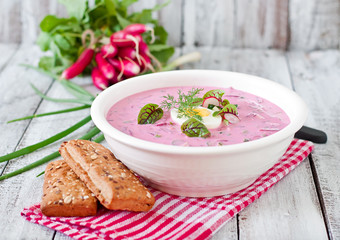 Cold beet soup on yogurt with egg, radishes and cucumbers