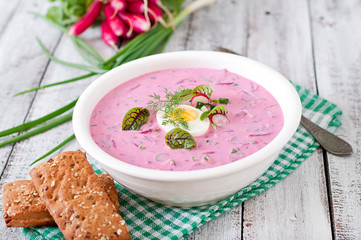 Cold beet soup on yogurt with egg, radishes and cucumbers