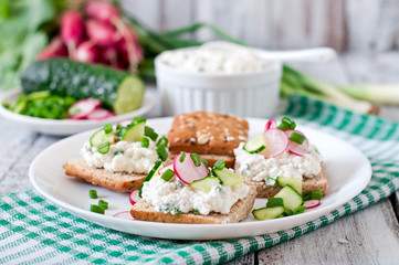Sandwich with cottage cheese, radish, black pepper and cucumber