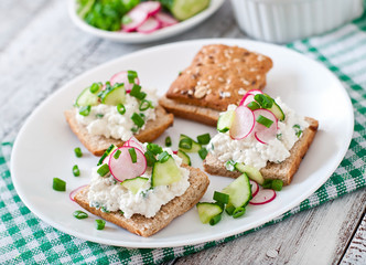 Sandwich with cottage cheese, radish, black pepper and cucumber