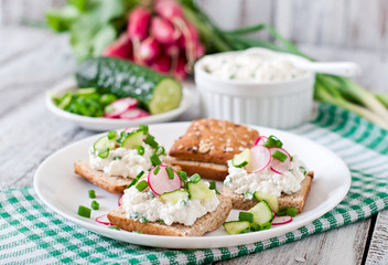 Sandwich with cottage cheese, radish, black pepper and cucumber