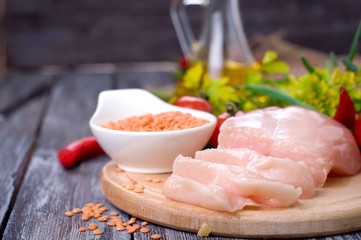 vegetables, raw chicken and fresh lentils