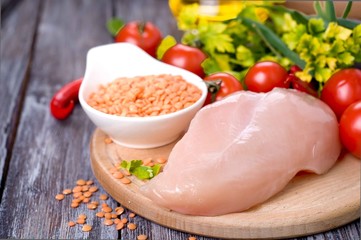 vegetables, raw chicken and fresh lentils