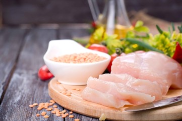 vegetables, raw chicken and fresh lentils