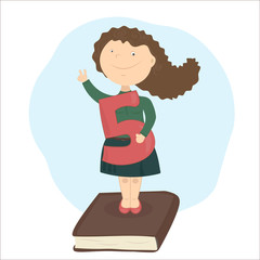 The girl standing on book, holding school-deserved praise