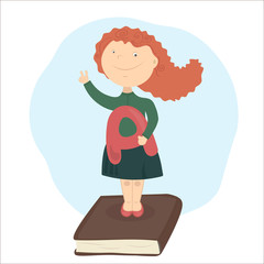 The girl standing on book, holding school-deserved praise.