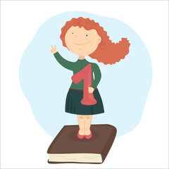 The girl standing on book, holding school-deserved praise. 