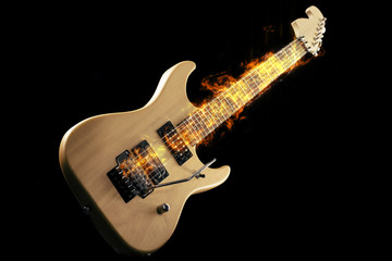 Fototapeta na wymiar Electric Guitar on fire on Black Background