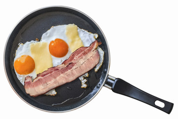 Belly Bacon Rasher And Eggs In Teflon Frying Pan Isolated.