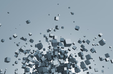 Abstract 3d rendering of flying cubes.