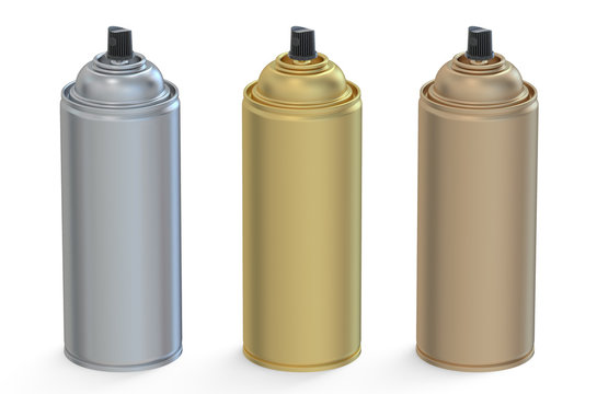 set of metallic aerosol spray cans