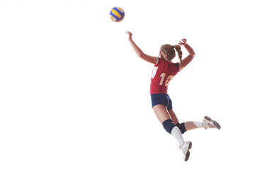 Obrazy na Plexi  siatkówka kobieta skacze i kopie piłkę na białym tle