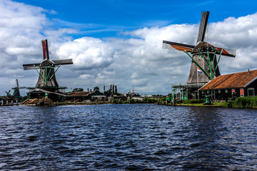 Traditional Dutch old wooden windmill. Zaanse Schans, Zaandam