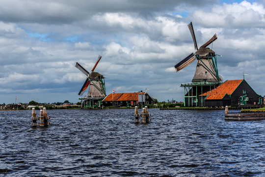 Traditional Dutch old wooden windmill. Zaanse Schans, Zaandam