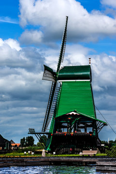 Traditional Dutch old wooden windmill. Zaanse Schans, Zaandam