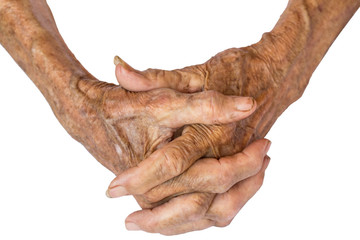 Hands of the old woman on isolated and white background.