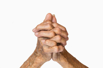 Hands of the old woman on isolated and white background.