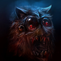 Scary drawn hairy monster face with sharpened & bloody teeth. © breakermaximus