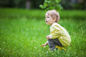 Cute little boy sitting on a ball and looking up in a park © Andrey Bandurenko