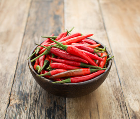 Red Hot Chili Peppers in bowl over wooden background