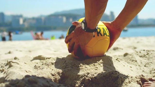 Soccer ball kicked in sand.