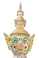 head of giant guard statue in temple on white background