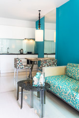 Modern Living Room and Kitchen room Interior. / Relaxing Modern Living Room and Kitchen room Interior in apartment.
