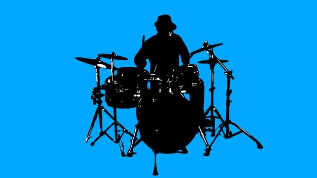 A silhouetted blue guy with a hat plays a really cool drum solo