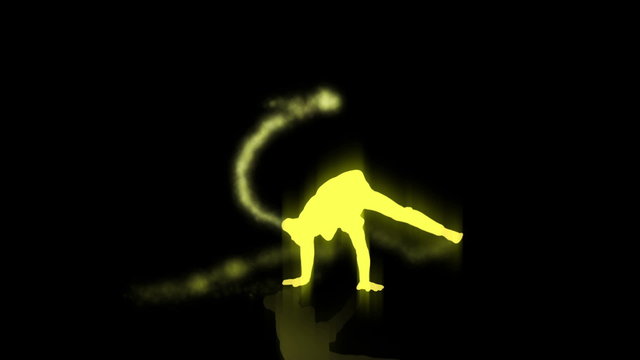 A yellow break dancer with light trails coming from his feet spins around