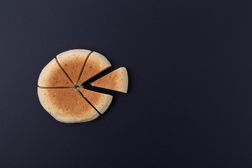 bread cutting in the shape of pie chart on back board
