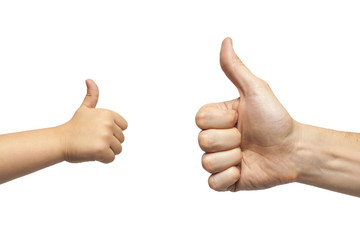 father and son hands giving like on white background