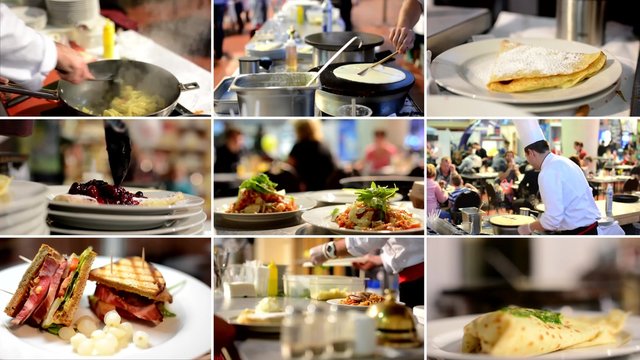 4K compilation (montage) - chefs prepare food (meals) in restaurant - detail of food