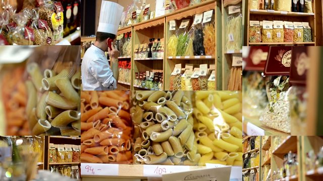 4K montage (compilation) - colourful pasta (olive oil, flour etc.) in bags
