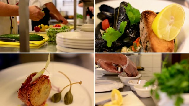 4K montage (compilation) - restaurant - chefs prepares food in the kitchen