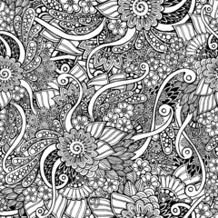 Seamless asian floral doodle black and white pattern in vector.