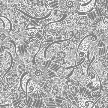 Seamless asian floral doodle grey and white pattern in vector.