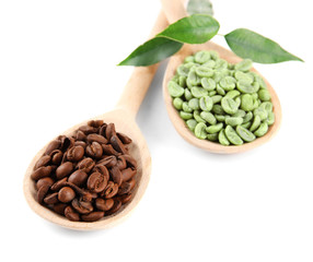 Green and brown coffee beans in wooden spoons and leaves isolated on white