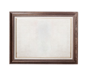 Wood frame with old paper isolated on white background