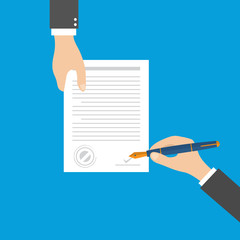 hand signing contract on white paper, Vector